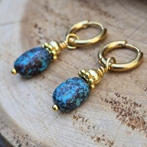 Arizona Turquoise And Vintage Gold Findings Handmade Huggie Hoop Earring NEW